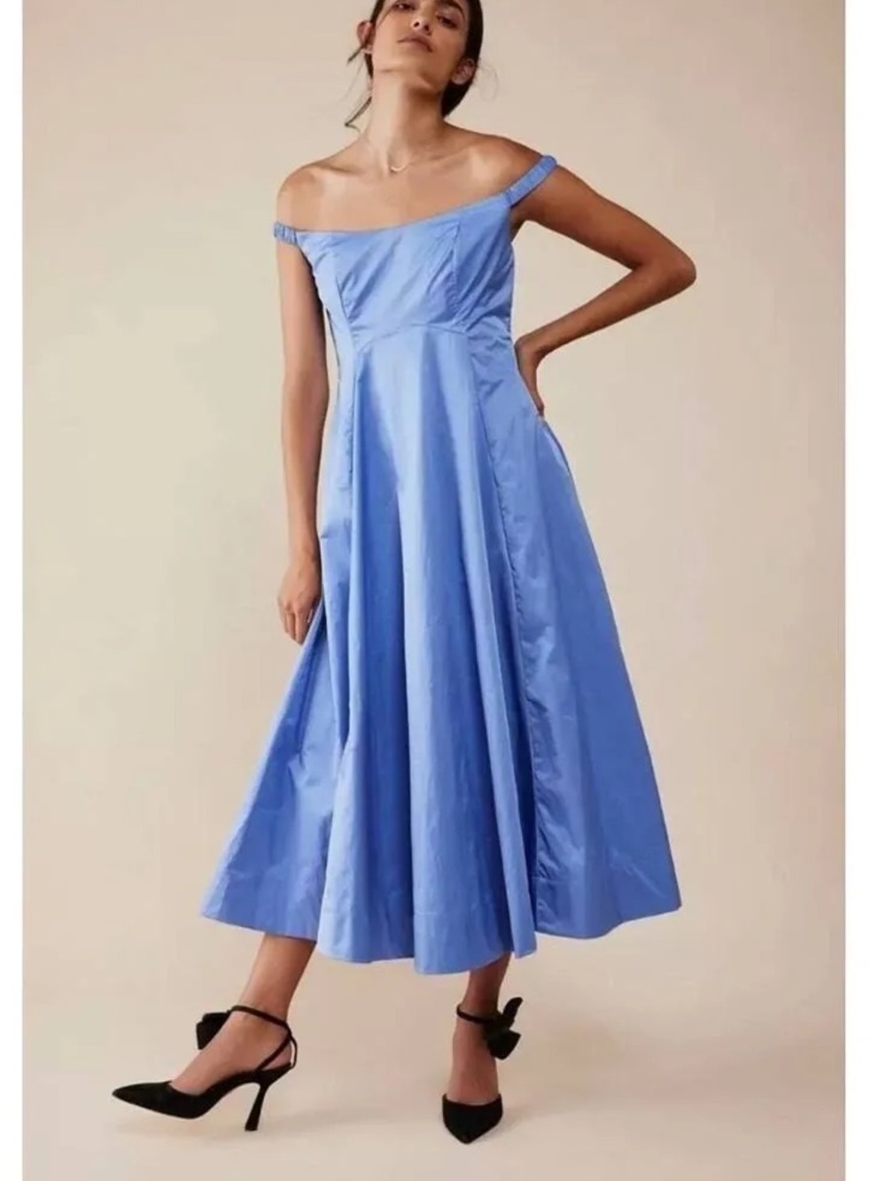 Free People Alinda Dress in Blue Iris Off the Shoulder Midi Pockets Size 10 - Picture 9 of 11